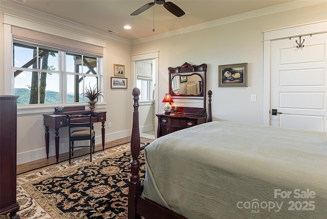 442 Signature Row Blvd, Waynesville, NC 28785 - bedroom featuring ornamental molding, baseboards, recessed lighting, wood finished floors, and a ceiling fan