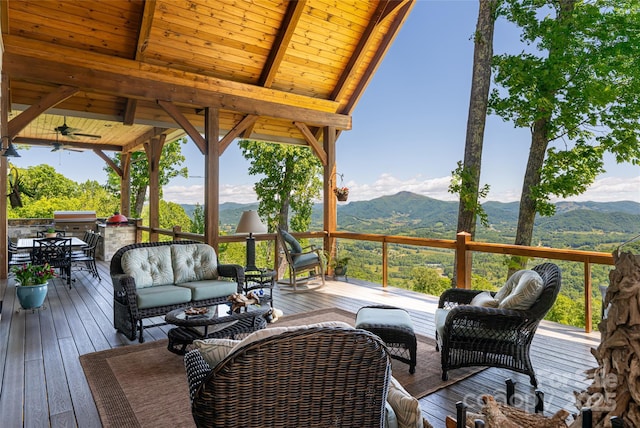 442 Signature Row Blvd, Waynesville, NC 28785 - wooden terrace featuring an outdoor living space, a mountain view, and a ceiling fan