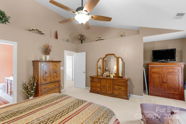 6104 Follow The Trl, Indian Trail, NC 28079 - bedroom featuring light colored carpet, baseboards, high vaulted ceiling, and a ceiling fan