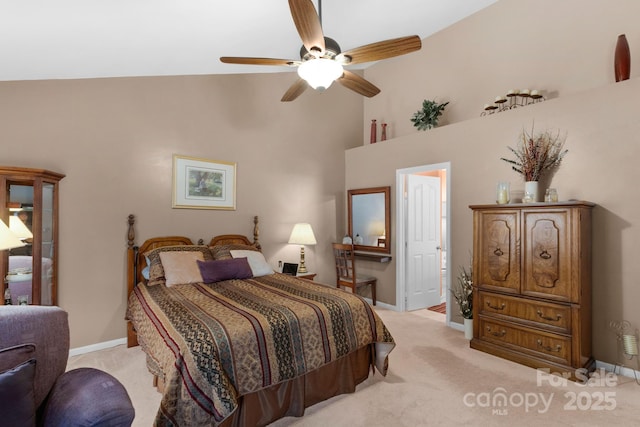 6104 Follow The Trl, Indian Trail, NC 28079 - bedroom featuring light colored carpet, high vaulted ceiling, baseboards, and ceiling fan