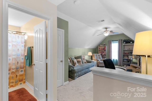 6104 Follow The Trl, Indian Trail, NC 28079 - office area with a ceiling fan, lofted ceiling, and carpet