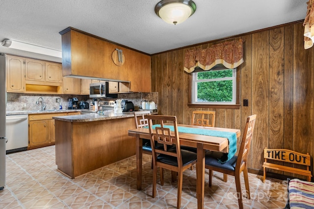 2401 Hillside Dr, Newton, NC 28658 - kitchen featuring stainless steel appliances, wood walls, tasteful backsplash, a peninsula, and a textured ceiling