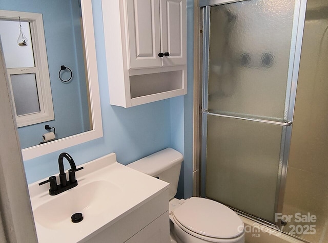 full bathroom with a shower stall, toilet, and vanity