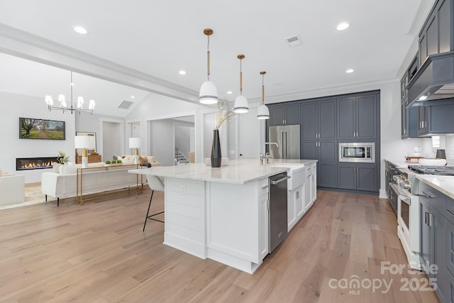 2026 Thatcher Way, Fort Mill, SC 29715 - kitchen with premium appliances, a chandelier, light wood finished floors, light stone counters, and a sink