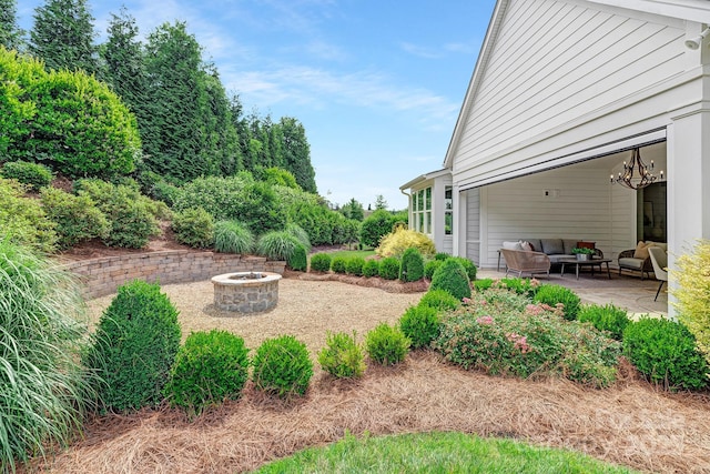2026 Thatcher Way, Fort Mill, SC 29715 - view of yard with an outdoor living space with a fire pit and a patio