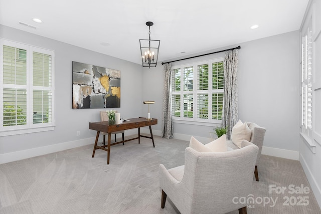 2026 Thatcher Way, Fort Mill, SC 29715 - office featuring light colored carpet, a chandelier, baseboards, and recessed lighting
