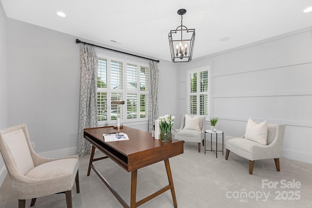 2026 Thatcher Way, Fort Mill, SC 29715 - home office with a chandelier, baseboards, light carpet, and recessed lighting
