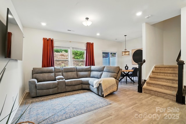 2018 Crooked Oak Ln, York, SC 29745 - living room with light wood finished floors, stairs, recessed lighting, and baseboards