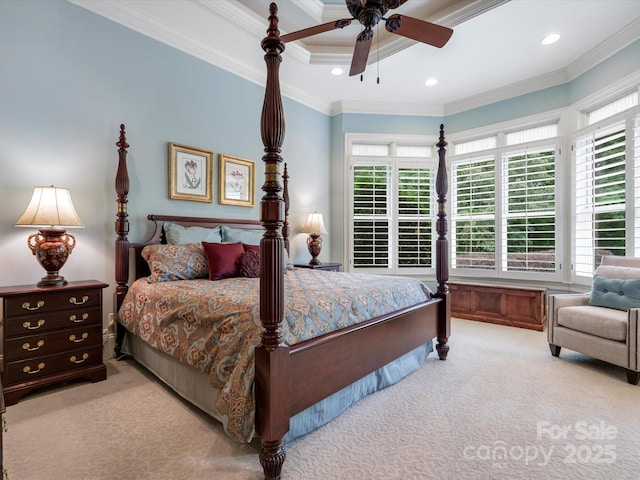 6742 Charlotte Hwy, York, SC 29745 - bedroom featuring carpet floors, crown molding, a ceiling fan, and recessed lighting