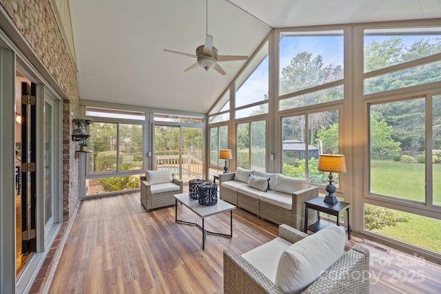 389 Ponderosa Cir, Mooresville, NC 28117 - sunroom with an outdoor hangout area, ceiling fan, and lofted ceiling