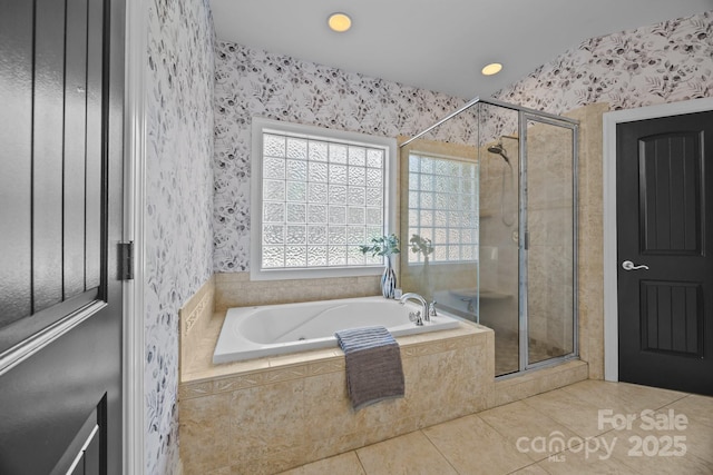 389 Ponderosa Cir, Mooresville, NC 28117 - full bath with a garden tub, tile patterned floors, a stall shower, wallpapered walls, and recessed lighting