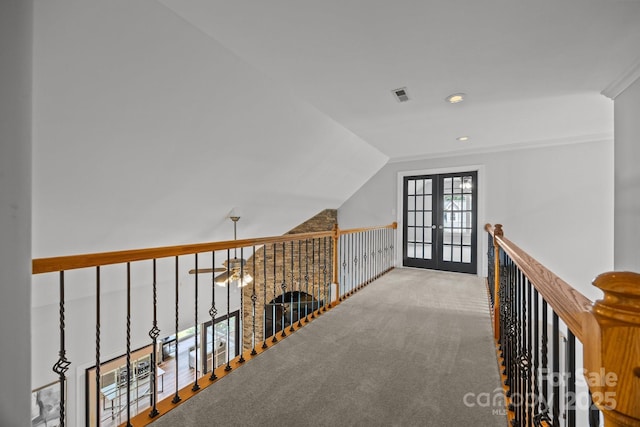 389 Ponderosa Cir, Mooresville, NC 28117 - hall featuring carpet, lofted ceiling, an upstairs landing, recessed lighting, and ornamental molding