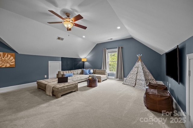 389 Ponderosa Cir, Mooresville, NC 28117 - carpeted living area with lofted ceiling, ceiling fan, and baseboards