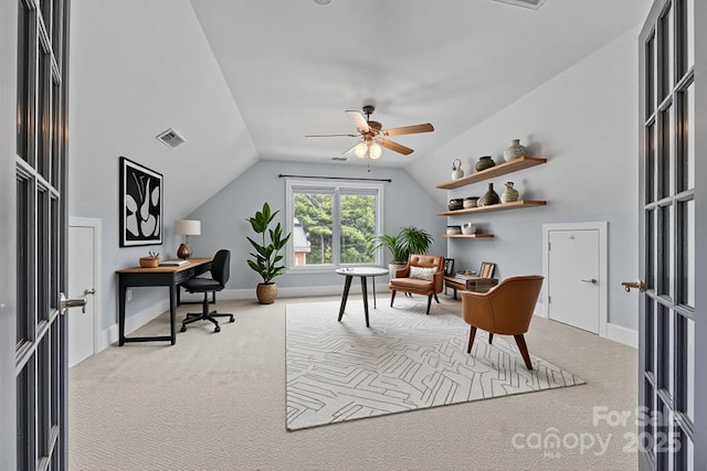 389 Ponderosa Cir, Mooresville, NC 28117 - office area featuring carpet flooring, ceiling fan, lofted ceiling, and baseboards