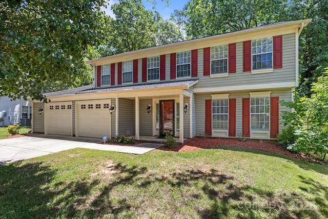 10327 Shelter Rock Ct, Charlotte, NC 28214 - colonial house with a garage, concrete driveway, a porch, a front lawn, and cooling unit