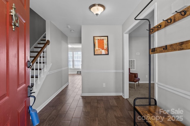 10327 Shelter Rock Ct, Charlotte, NC 28214 - foyer entrance with stairway, baseboards, and dark wood finished floors