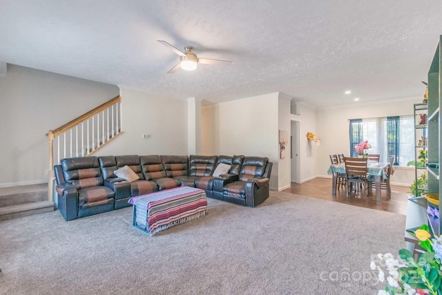 1811 Continental Dr, Albemarle, NC 28001 - living room featuring carpet flooring, stairway, a ceiling fan, a textured ceiling, and baseboards