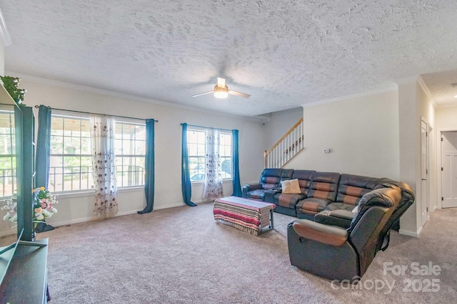 1811 Continental Dr, Albemarle, NC 28001 - living room with carpet floors, ceiling fan, stairs, ornamental molding, and a textured ceiling