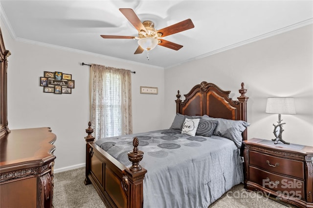 bedroom featuring light colored carpet, crown molding, baseboards, and a ceiling fan