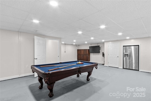 playroom featuring finished concrete floors, billiards table, recessed lighting, and a paneled ceiling