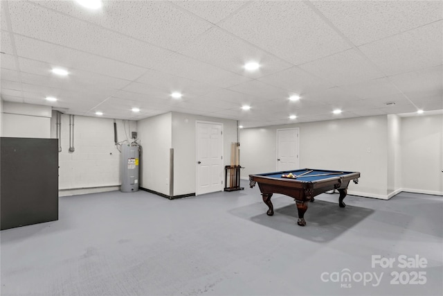 playroom with water heater, billiards, a drop ceiling, and finished concrete floors