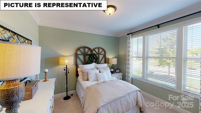 bedroom featuring carpet floors, baseboards, and crown molding