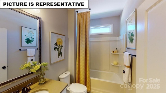 bathroom with toilet, vanity, and shower / bathtub combination with curtain