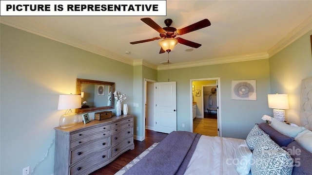 bedroom with dark wood finished floors, ornamental molding, baseboards, ensuite bathroom, and a ceiling fan