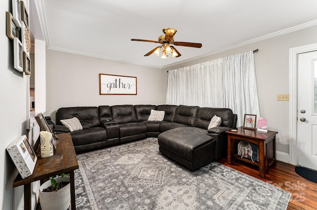 107 Oakland Rd, Belmont, NC 28012 - living area featuring a ceiling fan, wood finished floors, ornamental molding, and baseboards