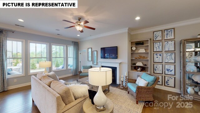 living area featuring a fireplace, ceiling fan, wood finished floors, recessed lighting, and baseboards