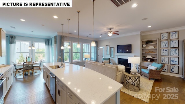 kitchen featuring a sink, crown molding, dark wood-style floors, a fireplace, and a kitchen island with sink