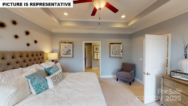 bedroom with a tray ceiling, crown molding, light colored carpet, baseboards, and recessed lighting