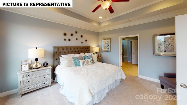 bedroom with crown molding, a tray ceiling, carpet floors, baseboards, and recessed lighting