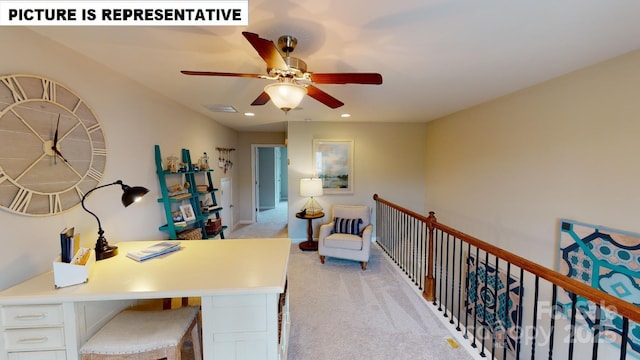 office area with light carpet, a ceiling fan, and recessed lighting