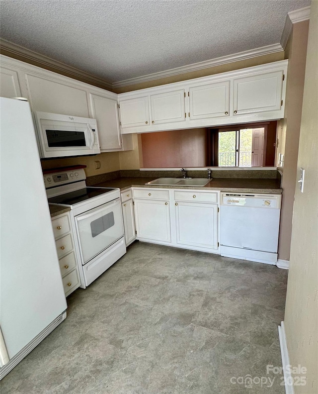 303 Eastwood Dr, Salisbury, NC 28146 - kitchen with white appliances, a sink, crown molding, white cabinetry, and a textured ceiling