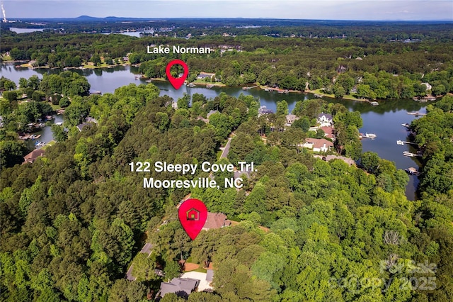 122 Sleepy Cove Trl, Mooresville, NC 28117 - aerial overview of property's location featuring a heavily wooded area and a large body of water