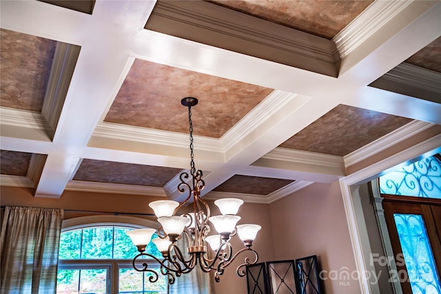 122 Sleepy Cove Trl, Mooresville, NC 28117 - detailed view of coffered ceiling, a chandelier, ornamental molding, and beamed ceiling