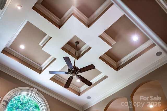 122 Sleepy Cove Trl, Mooresville, NC 28117 - detailed view of crown molding, a ceiling fan, and coffered ceiling