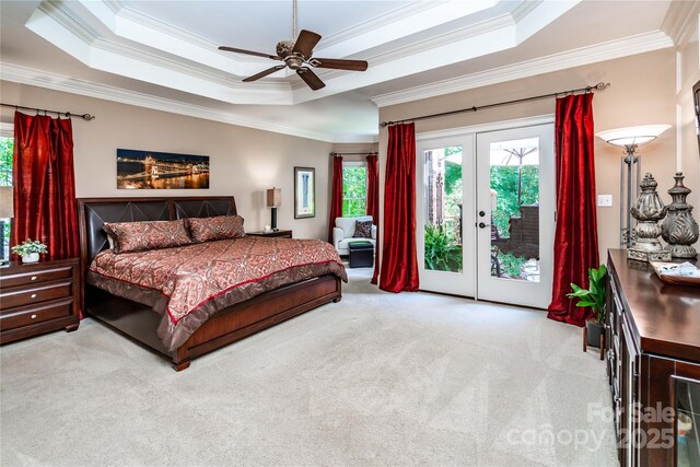 122 Sleepy Cove Trl, Mooresville, NC 28117 - carpeted bedroom featuring crown molding, access to exterior, french doors, a raised ceiling, and multiple windows
