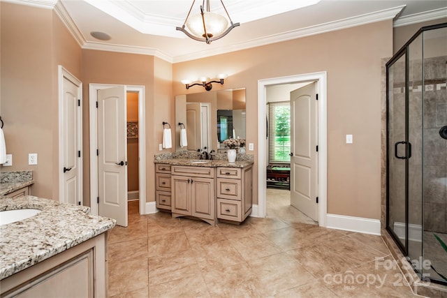 122 Sleepy Cove Trl, Mooresville, NC 28117 - full bath featuring ornamental molding, two vanities, and a shower stall