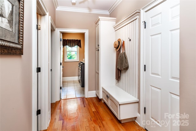 122 Sleepy Cove Trl, Mooresville, NC 28117 - mudroom with ornamental molding, light wood-type flooring, and baseboards