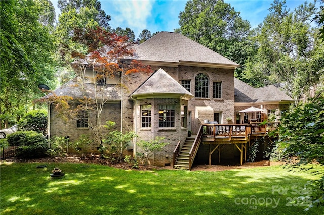 122 Sleepy Cove Trl, Mooresville, NC 28117 - rear view of property featuring a wooden deck, stairs, a lawn, and brick siding