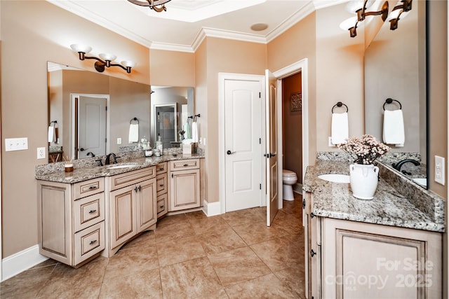 122 Sleepy Cove Trl, Mooresville, NC 28117 - full bathroom featuring ornamental molding, two vanities, a chandelier, and tile patterned flooring