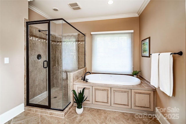 122 Sleepy Cove Trl, Mooresville, NC 28117 - bathroom with a garden tub, a shower stall, tile patterned floors, and crown molding