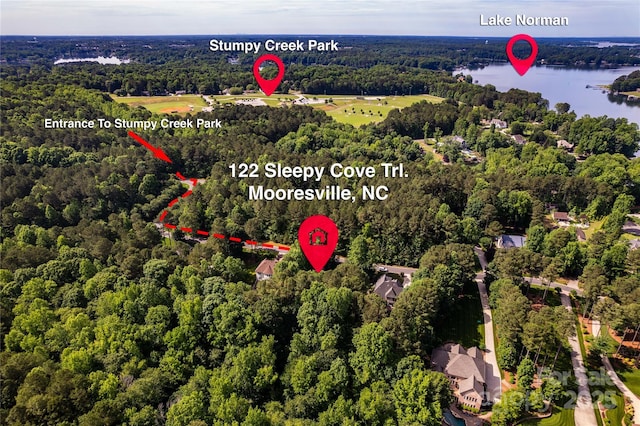 122 Sleepy Cove Trl, Mooresville, NC 28117 - bird's eye view of a heavily wooded area and a nearby body of water