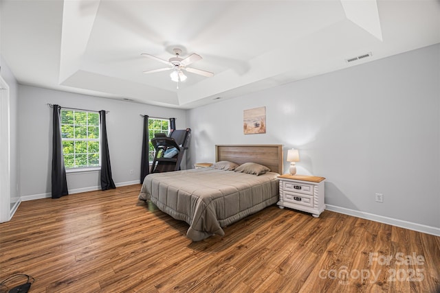 220 Glenville Dr, Fort Mill, SC 29715 - bedroom featuring a tray ceiling, wood finished floors, and a ceiling fan