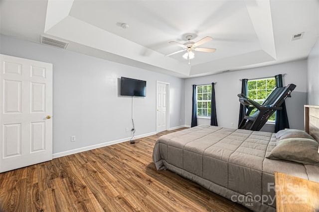 220 Glenville Dr, Fort Mill, SC 29715 - bedroom featuring a tray ceiling, wood finished floors, and a ceiling fan