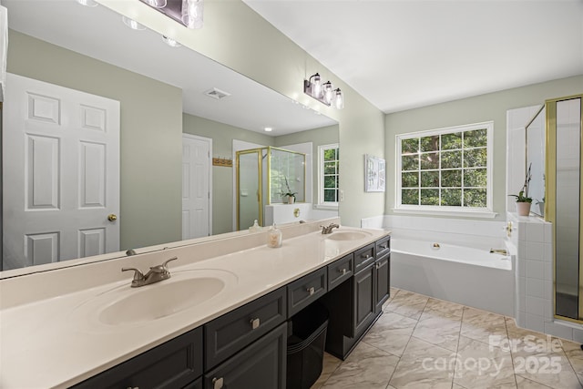 220 Glenville Dr, Fort Mill, SC 29715 - full bath featuring a shower stall, a garden tub, double vanity, and marble finish floors