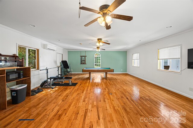 220 Glenville Dr, Fort Mill, SC 29715 - game room featuring crown molding, billiards, light wood-type flooring, a wall unit AC, and ceiling fan