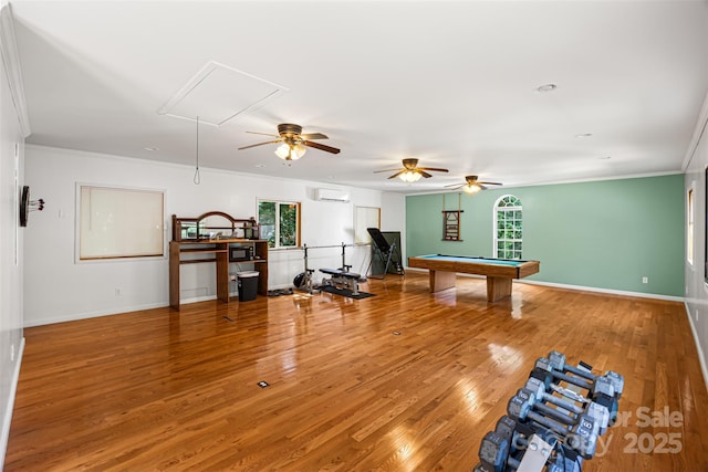 220 Glenville Dr, Fort Mill, SC 29715 - game room featuring attic access, a wall unit AC, ornamental molding, plenty of natural light, and wood finished floors